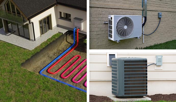 Collage of geothermal-units, ductless and central AC 
