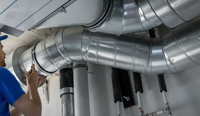 Professional worker installing duct
